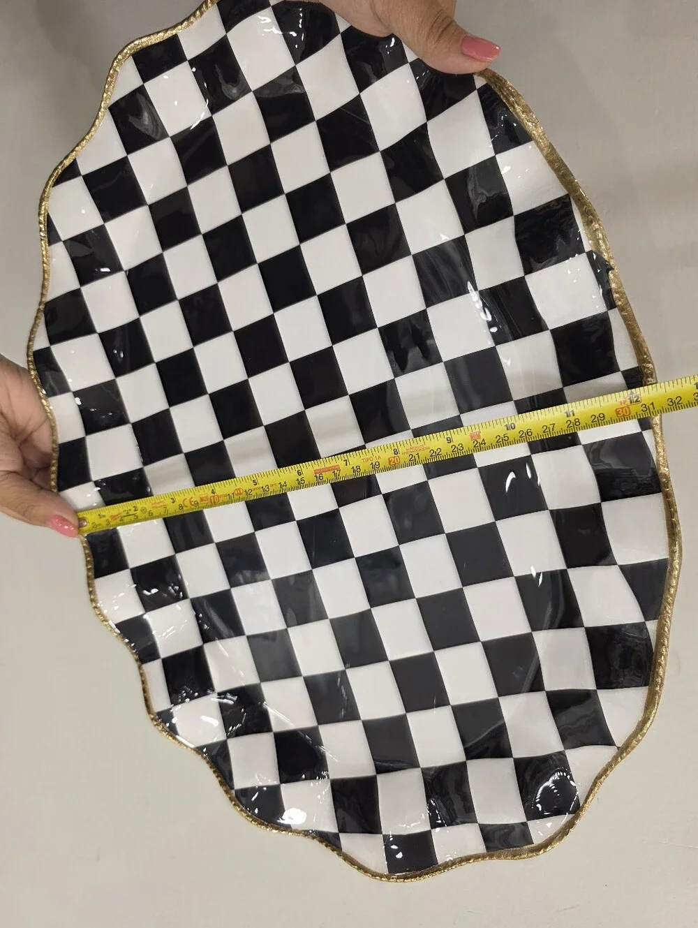 Checkerboard Black and White Decorative Serving Platter with Gold Trim